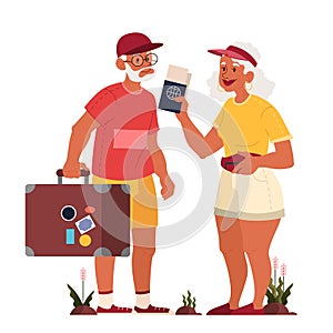 Vector illustration of elderly tourist with laggage and handbag.