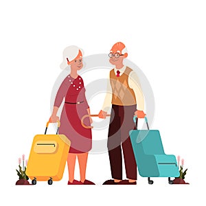 Vector illustration of elderly tourist with laggage and handbag.