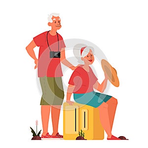 Vector illustration of elderly tourist with laggage and handbag.