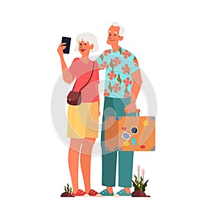 Vector illustration of elderly tourist with laggage. Old man and woman