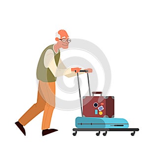 Vector illustration of elderly tourist man with laggage and handbag.
