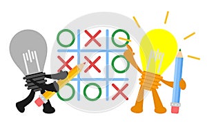 Vector illustration electric lamp idea play tic tac toe competition business concept flat design cartoon style