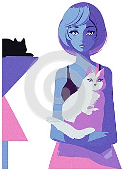 Vector illustration, elegant woman sitting with cats