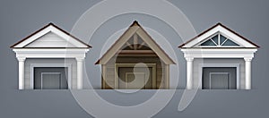 Vector illustration of element facade, three porticos made of wood and concrete with columns over door on background