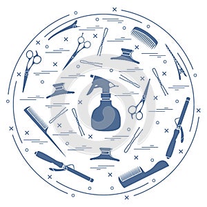 Vector illustration elements arranged in a circle: curling iron, hairclip, combs, pins, barrettes, scissors, sprayer.