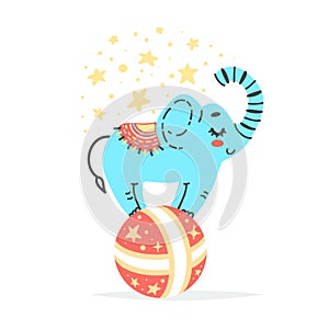 Vector illustration of elephant on big red ball. Circus artist doing trick