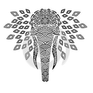 Vector illustration of a elephant head with black ornament on white background