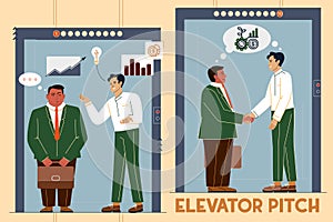 Vector illustration of an elevator pitch, a short description of an idea, product, or company