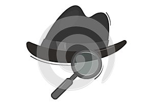 Vector illustration of emoticon of private detective hat and magnifying glass. Stylish headwear for a gentleman or a