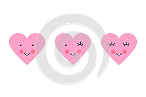 Vector illustration of emoticons pink icon set in flat style. Love heart smiley set Valentines Day