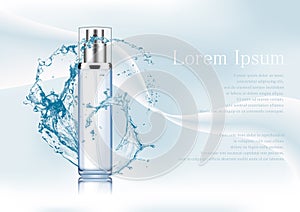 Vector illustration.Empty silver and blue package for cosmetic products with pump, tube for lotion, tonic, cream