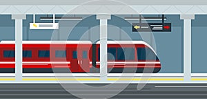 Vector illustration of empty subway station interior, subway railway station underground, metro platform and train