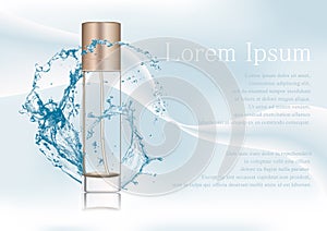 Vector illustration, empty transparent package for cosmetic products with bronze gold lid, tube for lotion, tonic, cream