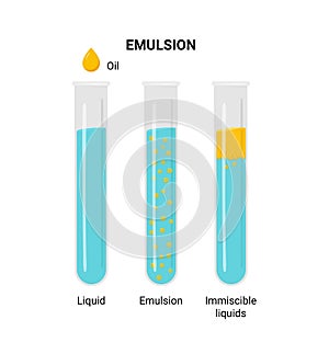 Vector illustration of emulsion of two liquids oil and water in tubes isolated on white background