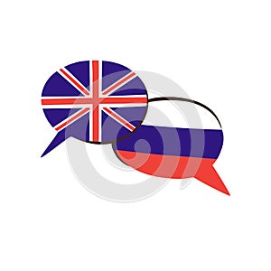 Vector illustration with english and russian national flags in speech bubbles