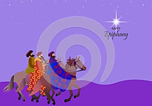 Epiphany, a Christian festival. Jesus Christ soon after he was born. Abstract 3 kings looking at star in dark night background