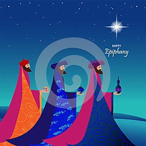 Epiphany, a Christian festival. Jesus Christ soon after he was born. Abstract 3 kings looking at star in dark night background
