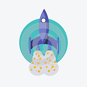 Vector illustration. EPS 10. Rocket, spaceship and bitcoin icon color. Rocket ship bitcoin is flying.