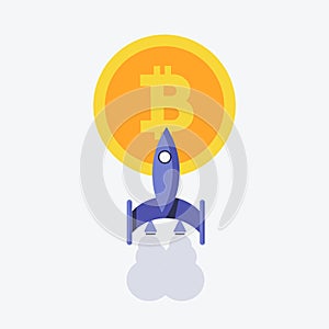 Vector illustration. EPS 10. Rocket, spaceship and bitcoin icon color. Rocket ship bitcoin is flying.