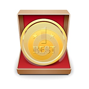 Golden medal in red gift box.