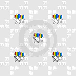 Seamless pattern of rainbow heart and star shapes similar to couples on gray background. Love, valentines, LGBTQ concepts.