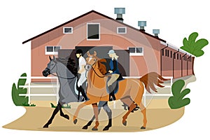 Vector illustration of equestrian sport in flat style. Stable. A man and a woman are riding horses. Realistic image