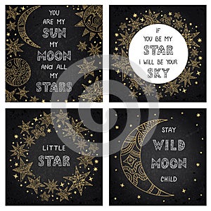 Vector illustration with ethnic outline stars, moon and sun. Doodle postcards with inscriptions