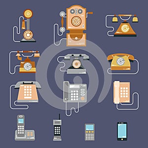 Vector illustration of evolution of communication devices from classic phone to modern mobile phone. Retro vintage icons