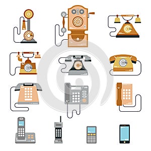 Vector illustration of evolution of communication devices from classic phone to modern mobile phone. Retro vintage icons