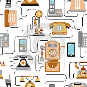 Vector illustration of evolution of communication devices from classic phone to modern mobile phone seamless pattern. Retro vintag