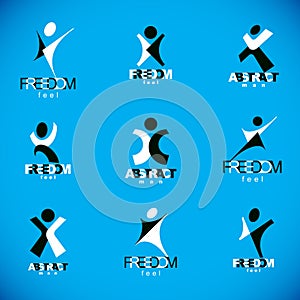 Vector illustration of excited abstract man with arms reaching u