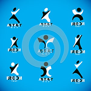 Vector illustration of excited abstract man with arms reaching u