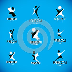 Vector illustration of excited abstract man with arms reaching up. Successful business career abstract