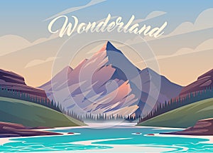 Vector illustration. Exciting view. A great mountain is surrounded river. 2