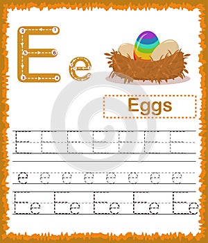 Vector illustration of exercises with cartoon vocabulary for kids. Colorful letter E Uppercase and Lowercase alphabet