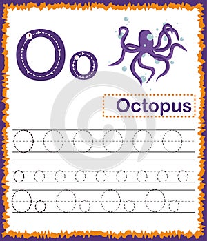 Vector illustration of exercises with cartoon vocabulary for kids. Colorful letter O Uppercase and Lowercase alphabet