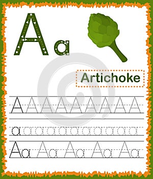 Vector illustration of exercises with cartoon vocabulary for kids. Colorful letter A Uppercase and Lowercase alphabet