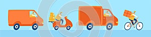 Vector illustration Express delivery. Set of transport elements with a deliver guy.