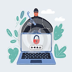 Vector illustration of eye masked thief behind a laptop. He wants to steal the password