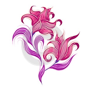 Vector illustration of fabulous curled pink flowers. Fairy pink poppy with violet leaves. Fantastic floral image photo