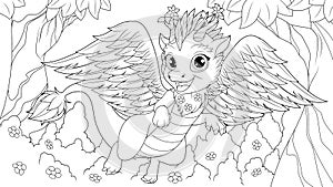Vector illustration, fabulous funny cute little dragon flying in a fairy forest