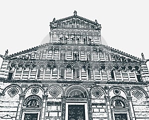 Vector illustration of the facade of the Cathedral of Pisa in the Square of Miracles, Tuscany, Italy