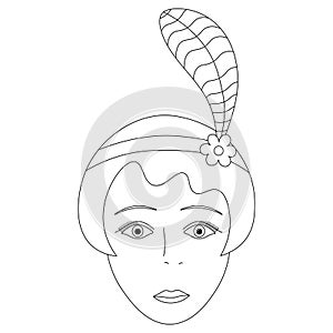 Vector illustration of the face of an elegant girl from 1920. Full face. Short hair. Hairstyle a la Garcon.