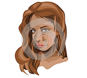 Vector Illustration of the face of a young brunette woman girl with brown hair color and brown eyes