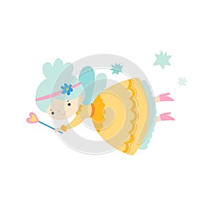 Vector illustration of a fairy with magic wand isolated on white. Cute fairytale character in flat style for children`s stickers,