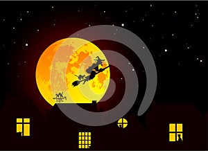 Vector illustration: Fairy tale Halloween landscape with realistic full yellow orange moon, village landscape silhouettes with c