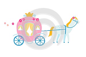 Vector illustration of fairytale carriage with horse isolated on white. Chariot of princess in flat style