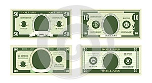 Vector illustration of fake dollars banknotes. Bill one hundred dollars suitable for discount cards on white background