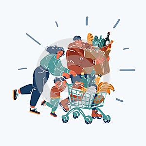 Vector illustration of family buying food and goods in supermarket. Man, woman son together in shop