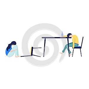Vector illustration, family couConcept of alcoholism and abusement, sad woman, drunk man